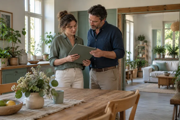 Deux adultes debout examinent ensemble un dossier