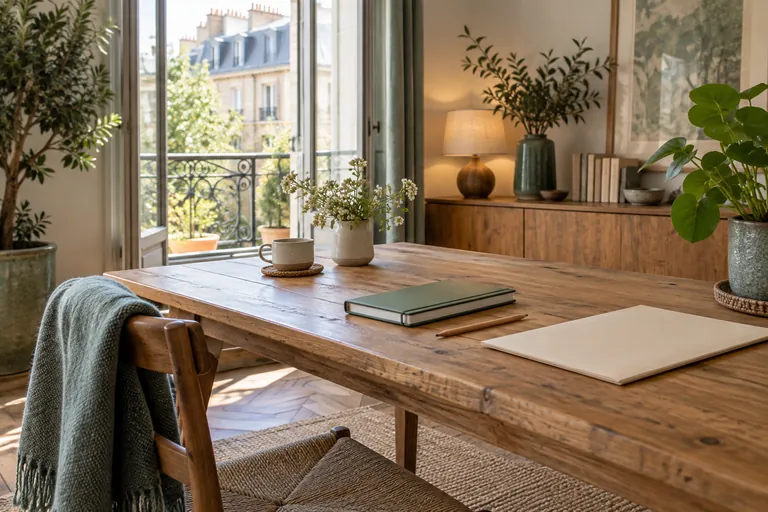 Un carnet, un crayon et des feuilles blanches sont posés sur une table
