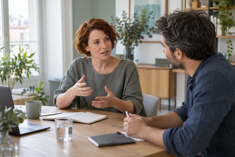 Une femme rousse discute avec un homme prenant des notes