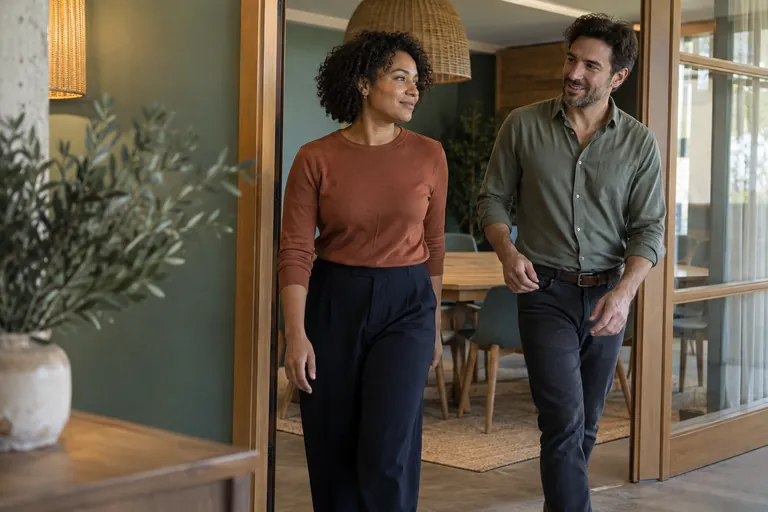 Deux adultes sortent ensemble d’une salle de réunion