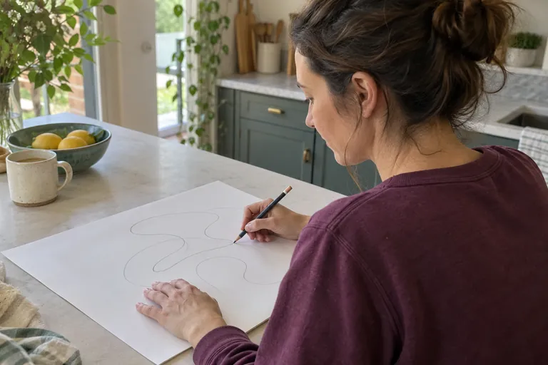 Une femme trace des lignes courbes au crayon sur une feuille posée sur une table.