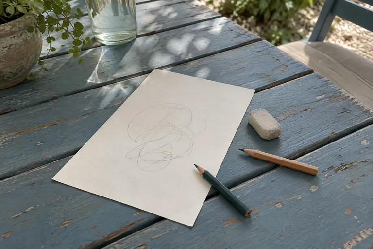 Une feuille portant des traits libres, deux crayons et une gomme reposent sur une table bleue.