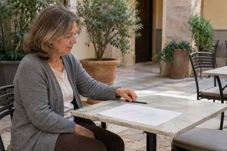 Une femme regarde une feuille couverte de traits libres, le crayon posé à côté.