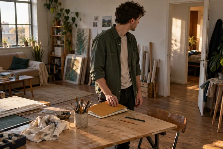 Un homme pose la main sur un carnet fermé dans un atelier et regarde vers la porte.