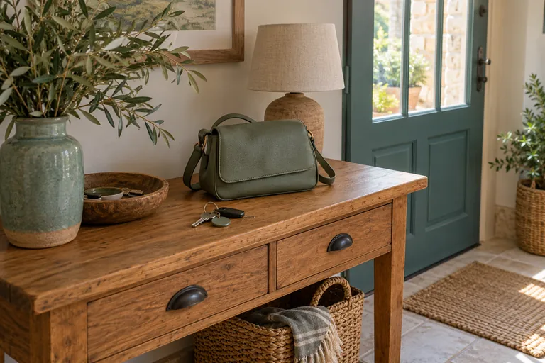 Des clés et un sac fermé reposent sur un meuble d’entrée