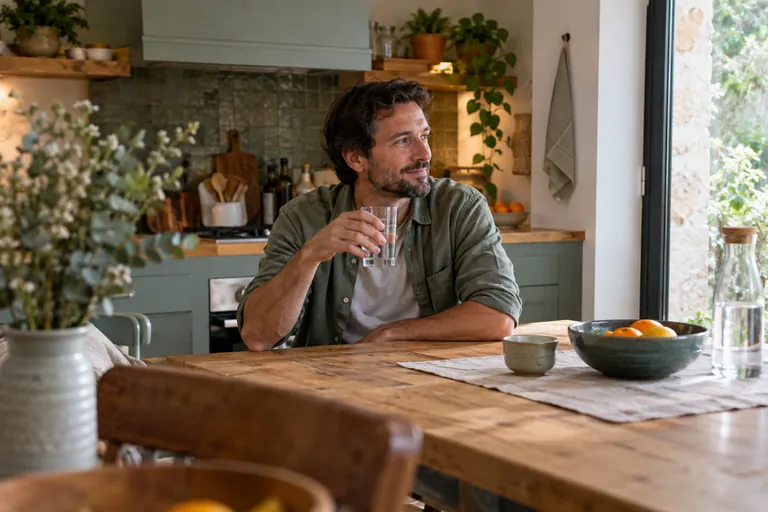 Un homme assis à une table tient un verre d’eau