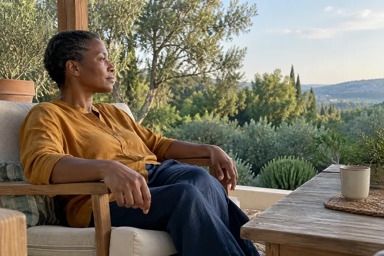 Une femme assise dans un fauteuil de terrasse regarde le paysage.