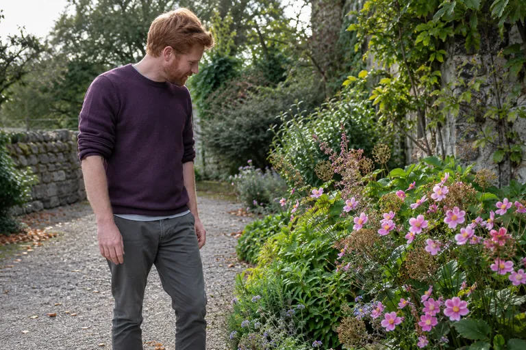 Un homme observe des fleurs le long d’une allée de jardin.