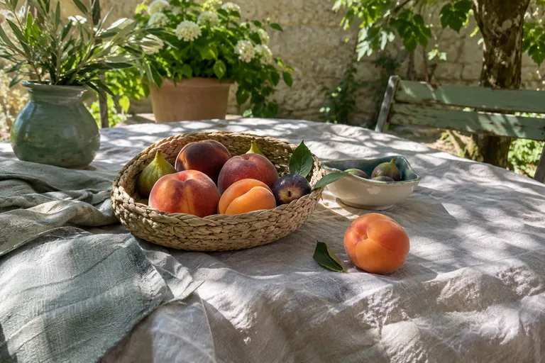 Un panier de fruits et un bol sont posés sur une table extérieure.