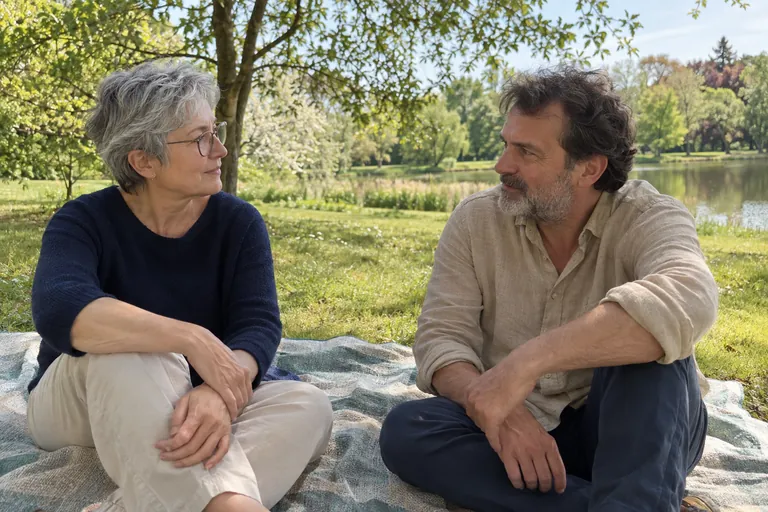 Deux adultes discutent assis sur une couverture dans un parc.