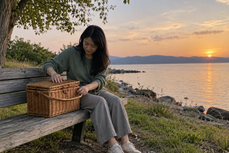 Une femme tient le couvercle d’un panier posé sur un banc au bord de l’eau.