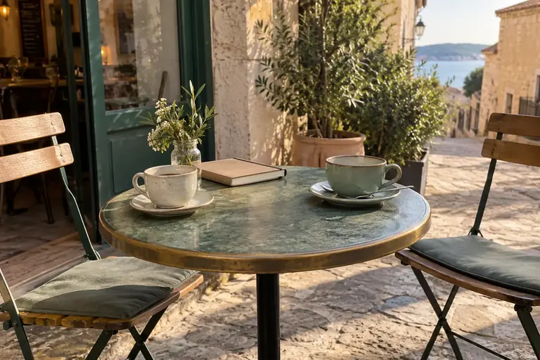 Deux tasses sur une table de café, deux chaises placées face à face et un carnet fermé