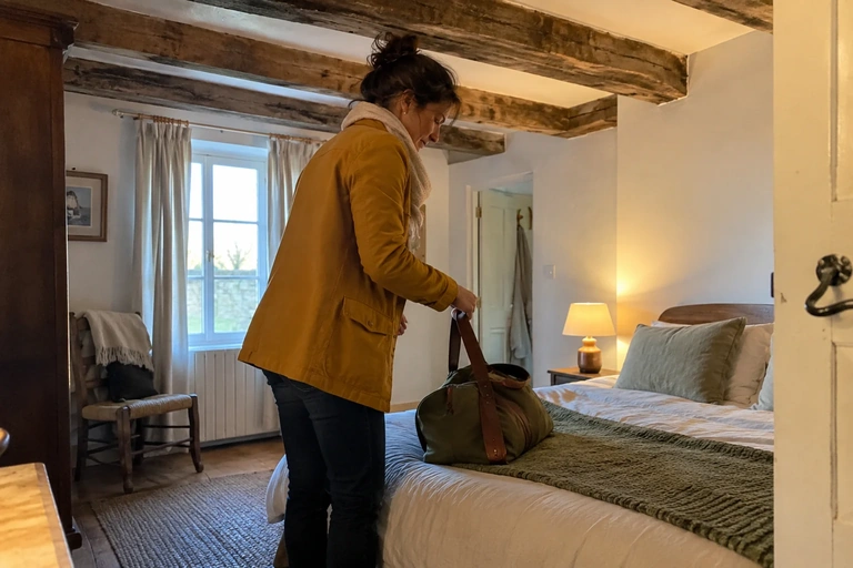 Une femme dépose un sac dans une chambre sous les poutres