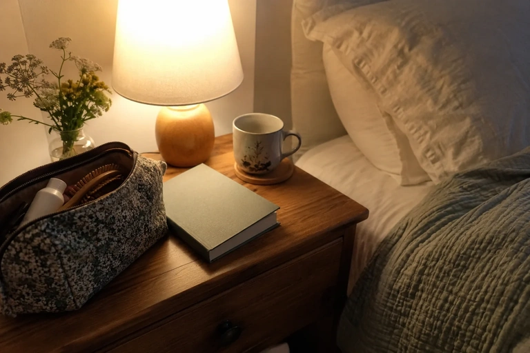 Un livre et une trousse de toilette sont posés sur une table de nuit