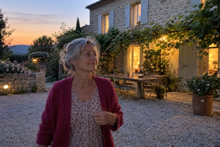 Une femme marche dans une cour de pension au crépuscule