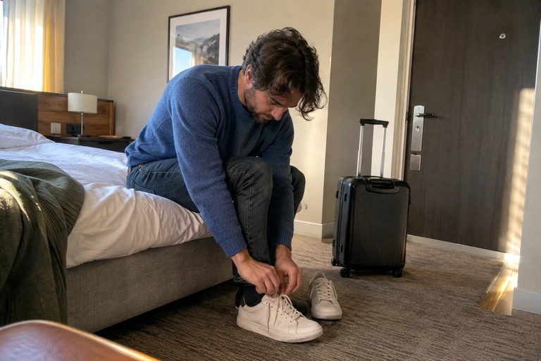 Une personne prépare ses chaussures près de la porte d’une chambre d’hôtel