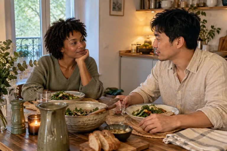 Deux adultes partagent un repas simple dans une cuisine
