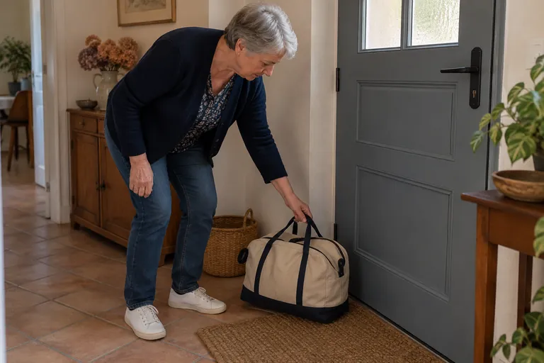 Une femme pose un sac fermé près d’une porte