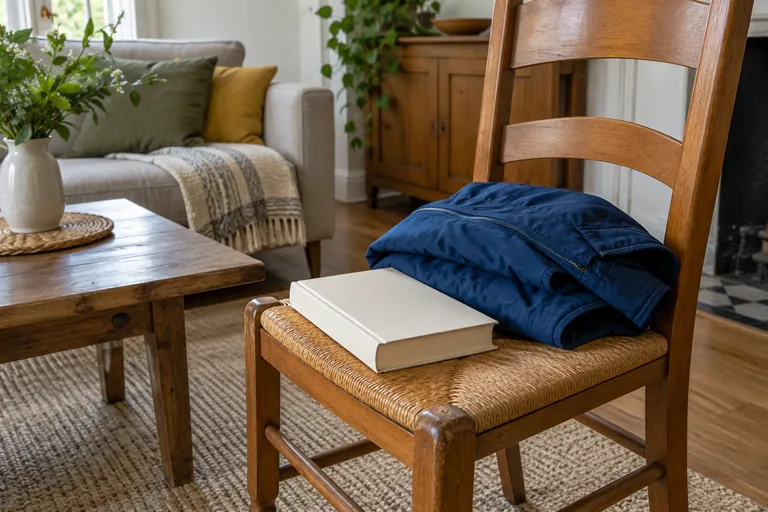 Un livre fermé et une veste pliée reposent sur une chaise