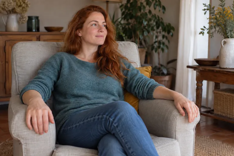 Une femme se repose dans un fauteuil, les mains sur les accoudoirs
