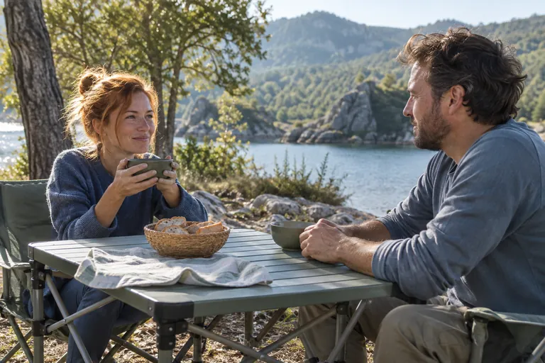 Une femme et un homme prennent une boisson à une table de camping au bord d’un lac.