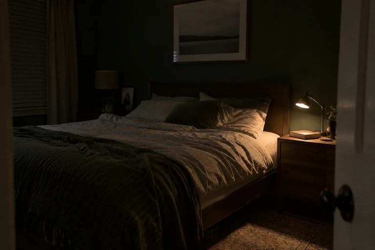 Une lampe individuelle éclaire un livre près d’un côté du lit