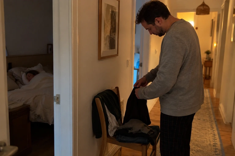 Un homme prépare des vêtements sur une chaise dans un couloir