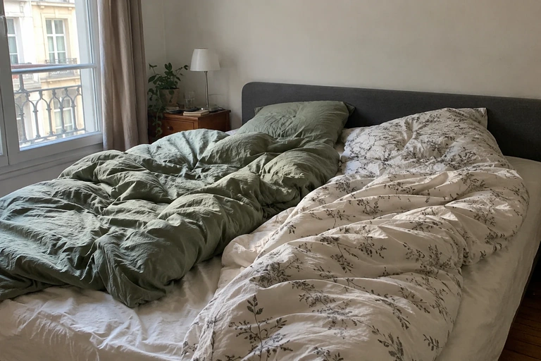 Deux couettes séparées recouvrent un lit double dans une chambre