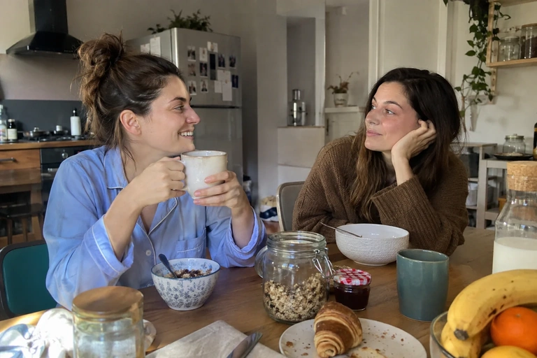 Deux femmes discutent à une table de petit-déjeuner
