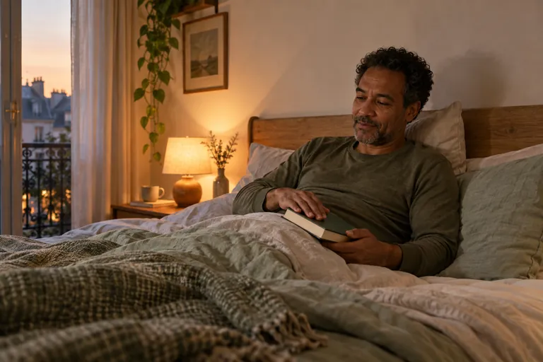 Un homme installé dans un lit tient un livre fermé sur ses genoux