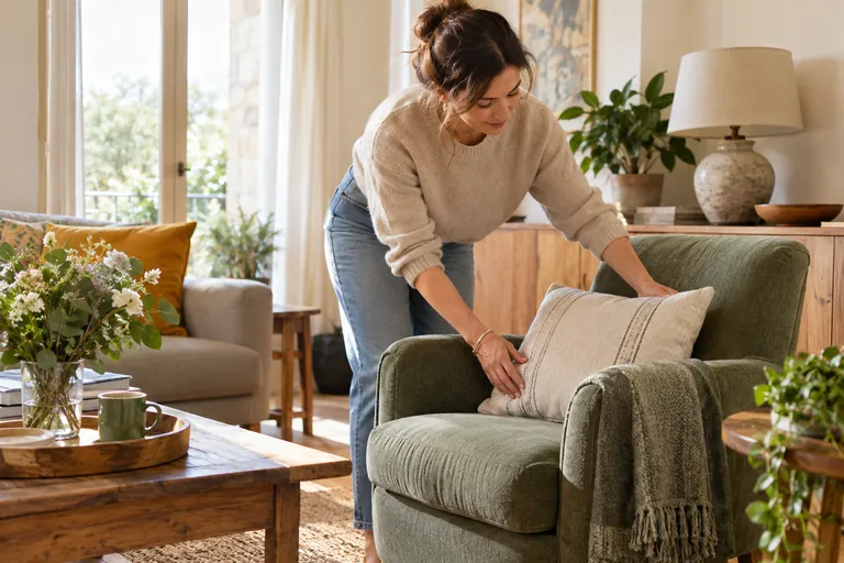 Une femme ajuste un coussin dans un fauteuil vert