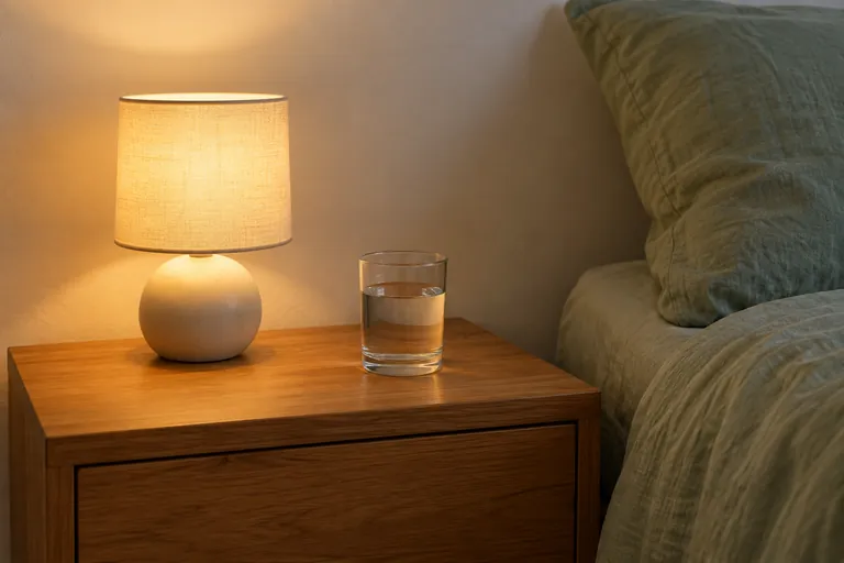 Une lampe allumée et un verre d’eau sont posés sur une table de chevet