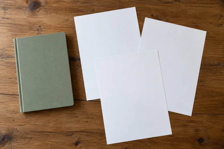 Un carnet vert fermé et trois feuilles blanches reposent sur une table en bois