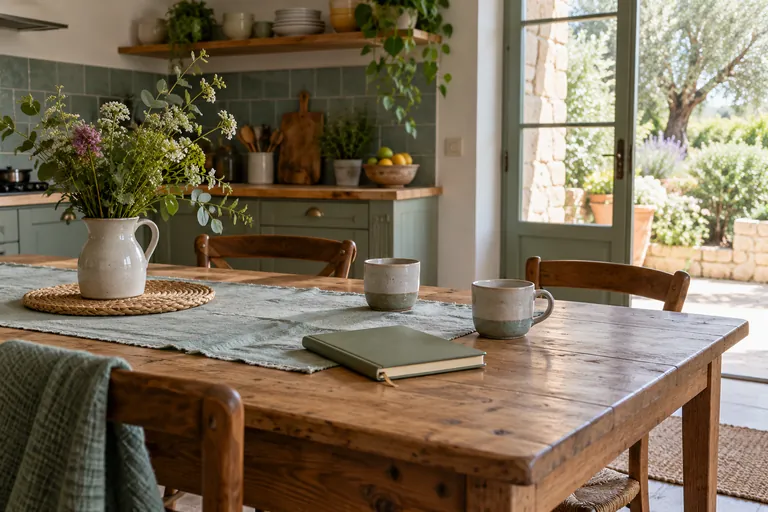 Deux tasses et un carnet fermé reposent sur une table de cuisine