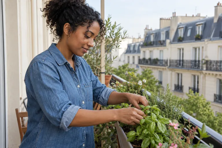 Une femme s’occupe d’une jardinière sur un balcon