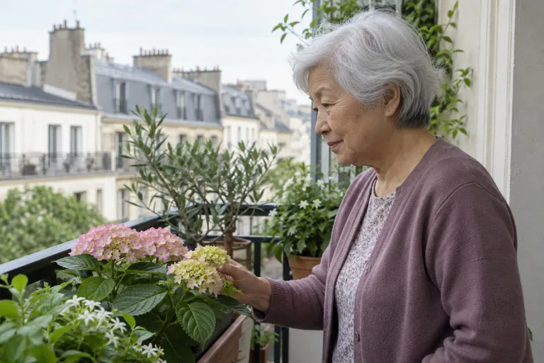 Une femme aux cheveux blancs observe les fleurs de son balcon