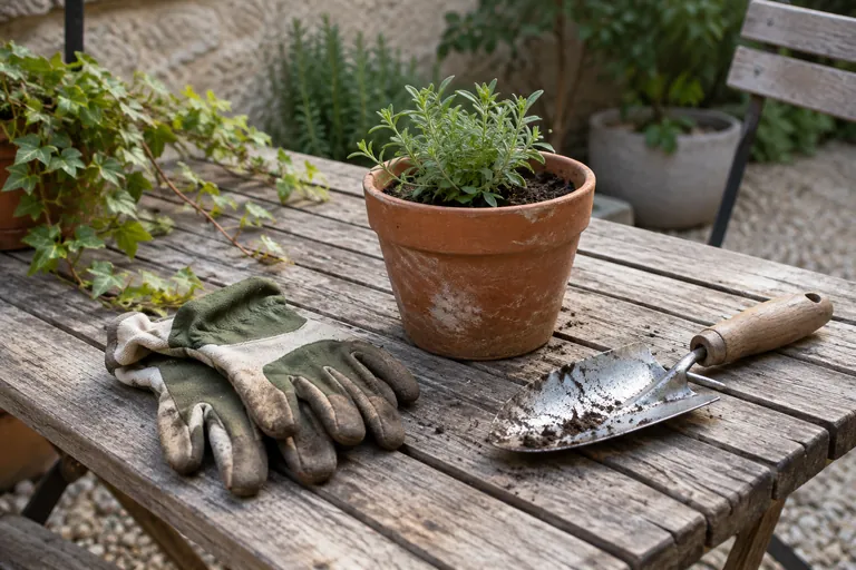 Des gants, un transplantoir et un pot reposent sur une table de jardin