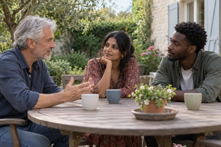 Trois adultes discutent autour d’une table de jardin
