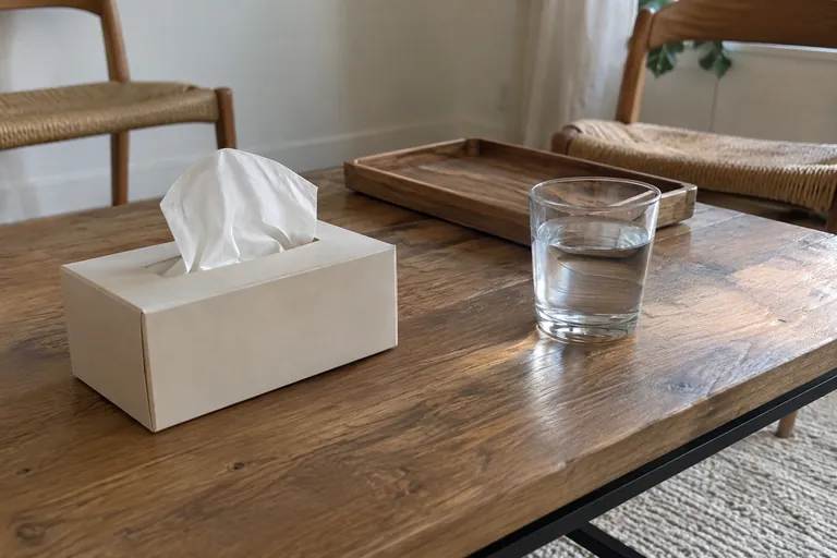 Une boîte de mouchoirs et un verre d’eau reposent sur une table.