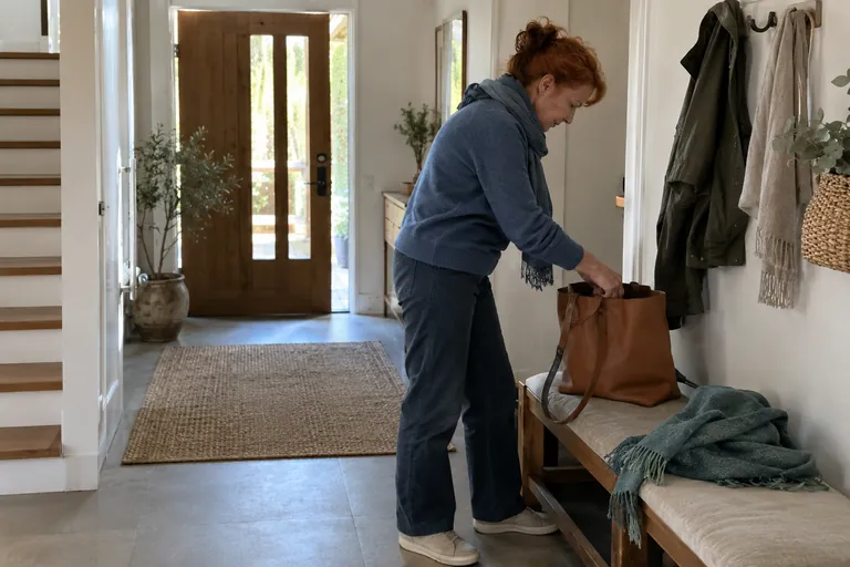 Une femme prend un sac posé sur un banc dans une entrée.