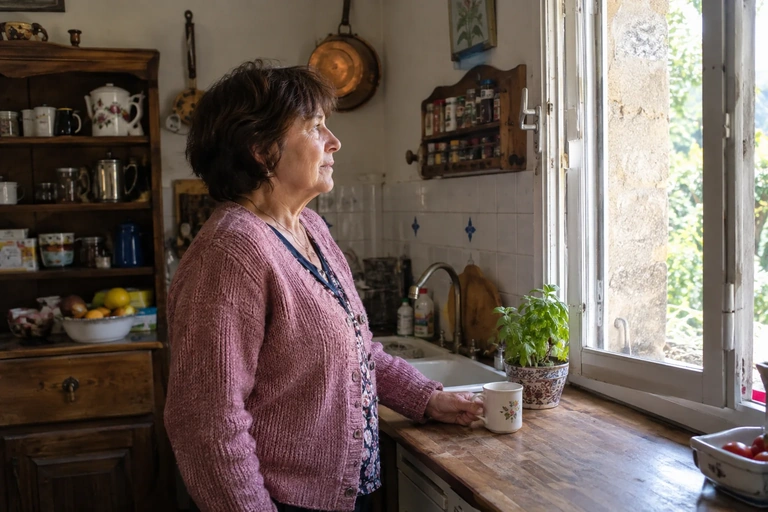 Une femme regarde autour d’une cuisine à la fenêtre entrouverte