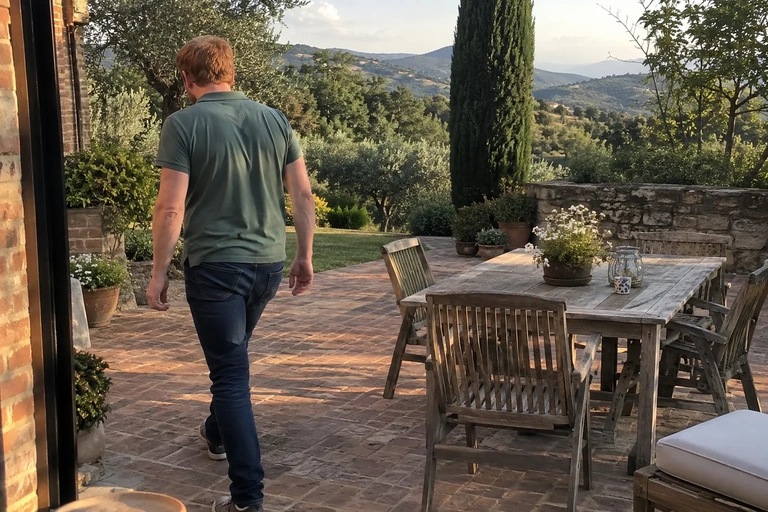 Un homme quitte un patio après une pause assise