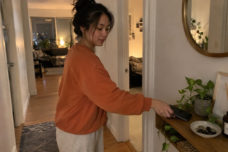 Une femme pose son téléphone dans une entrée