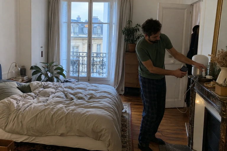Un homme branche un téléphone sur une cheminée à distance du lit