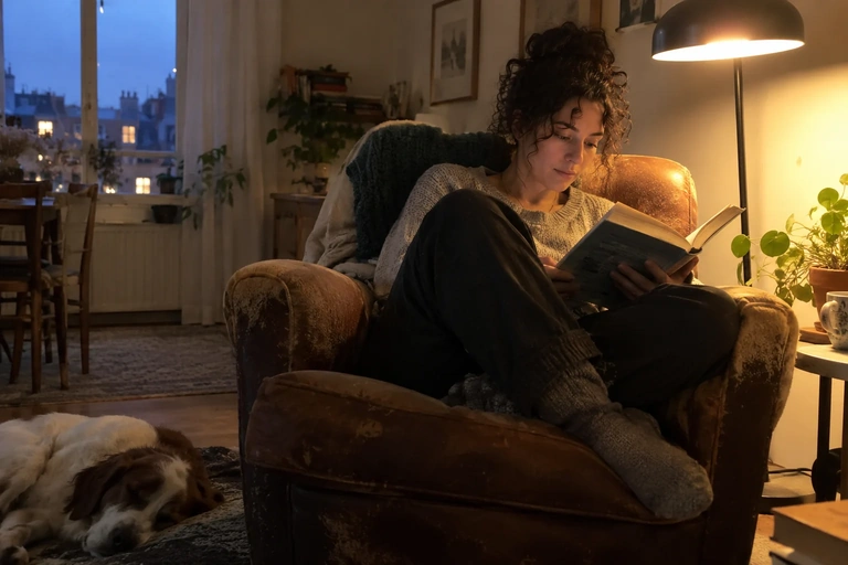 Une femme lit dans un fauteuil sous une lampe de salon