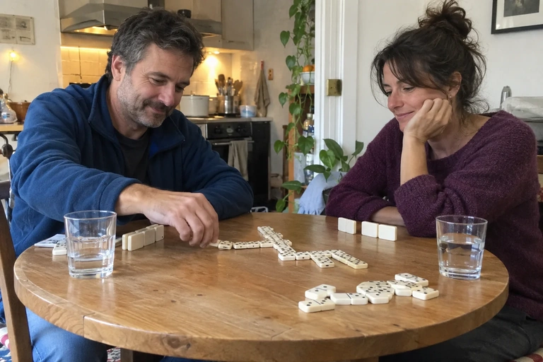 Deux adultes jouent aux dominos à une table de cuisine
