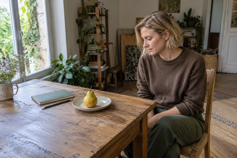 Une femme assise à table regarde une poire posée sur une assiette.