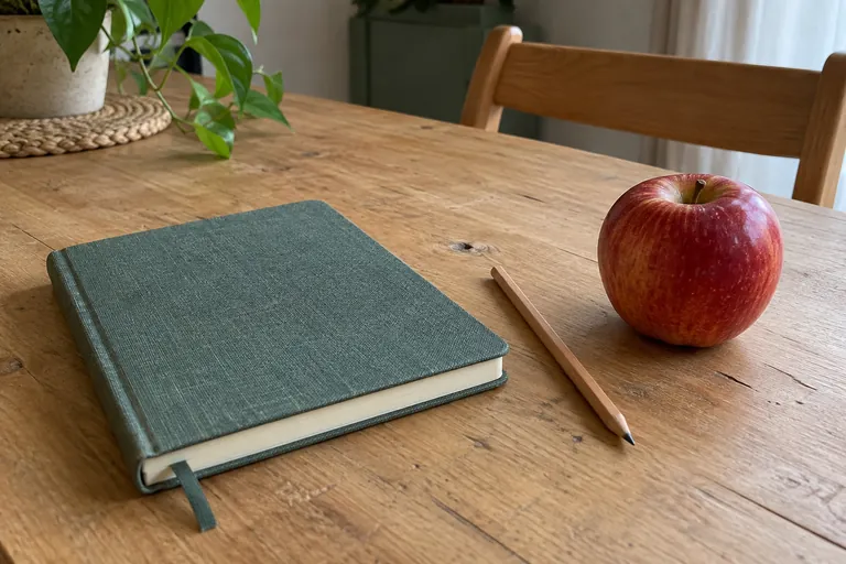 Un carnet fermé, un crayon et une pomme reposent sur une table.