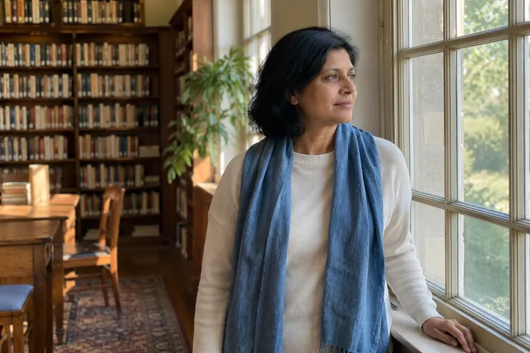 Une femme regarde dehors depuis une fenêtre de bibliothèque.
