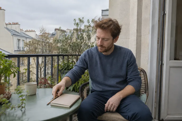 Un homme pose un crayon à côté d’un carnet fermé sur une table de balcon.